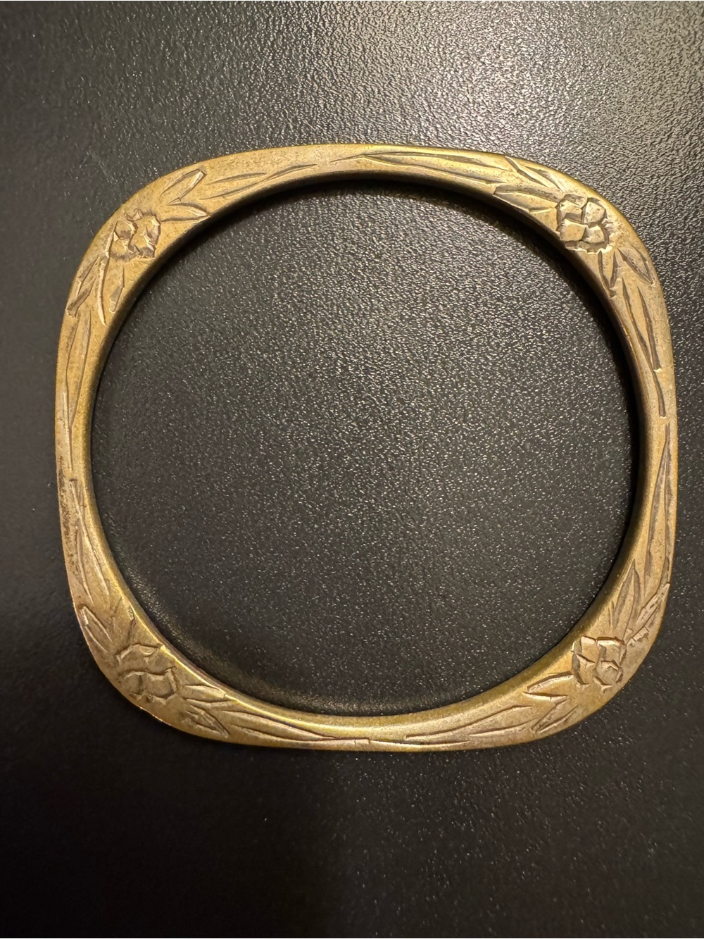 Vintage Heavy Brass Bangle Bracelet Carved Floral Botanical Square Boho